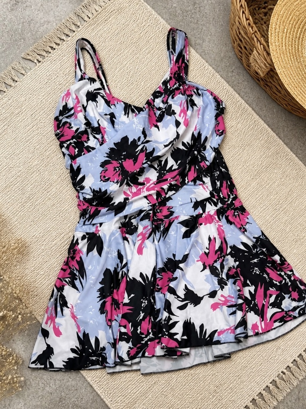 Source Unknown Blue, Black & Pink Floral One-Piece Swimdress